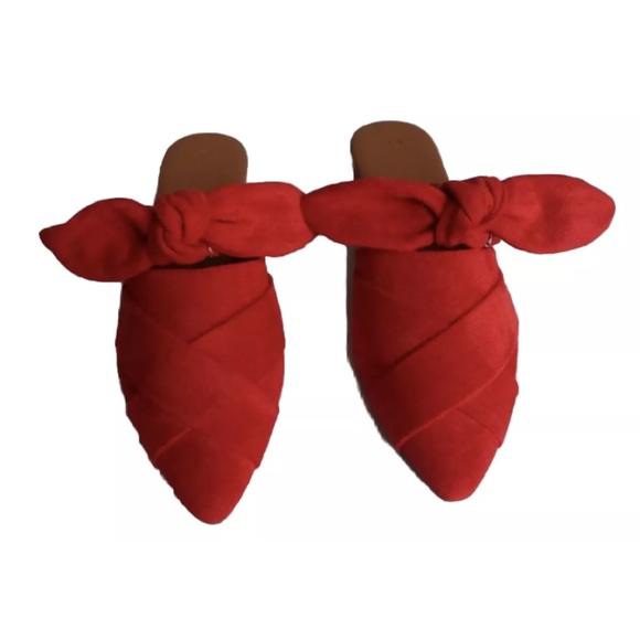 NEW Red Pointed Toe Flat Mules Bowknot Slip on Woven Crisscross Low Heel Sz 6.5 - Picture 2 of 10